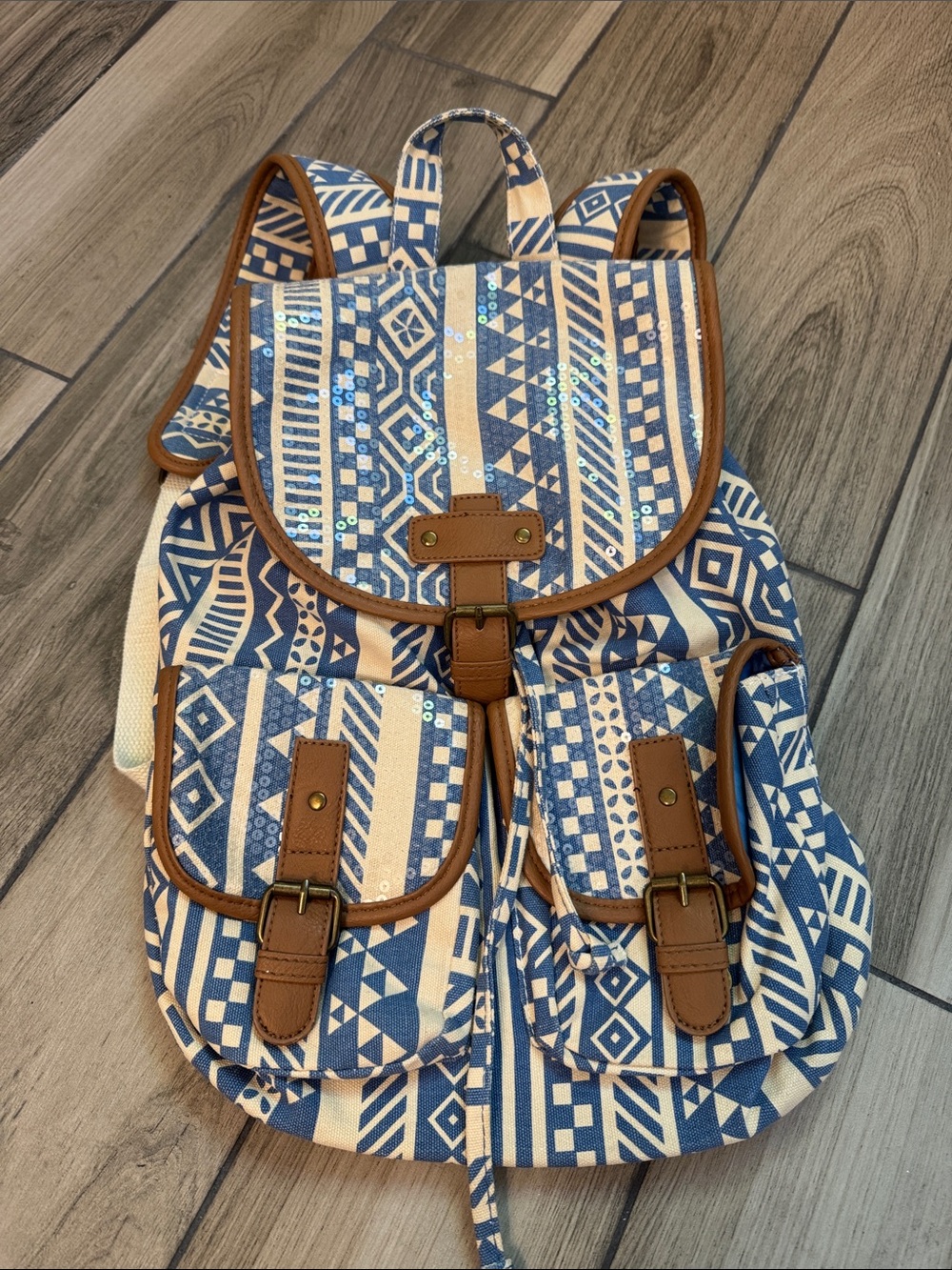 Candie's Blue and Cream Aztec Canvas Backpack with Brown Trim